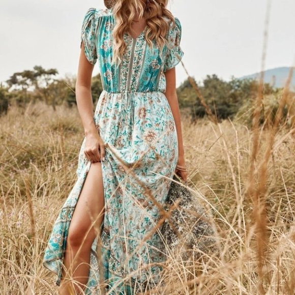 Boho Shabby Chic Floral Tie Front Split Thigh Dress - Picture 2 of 7